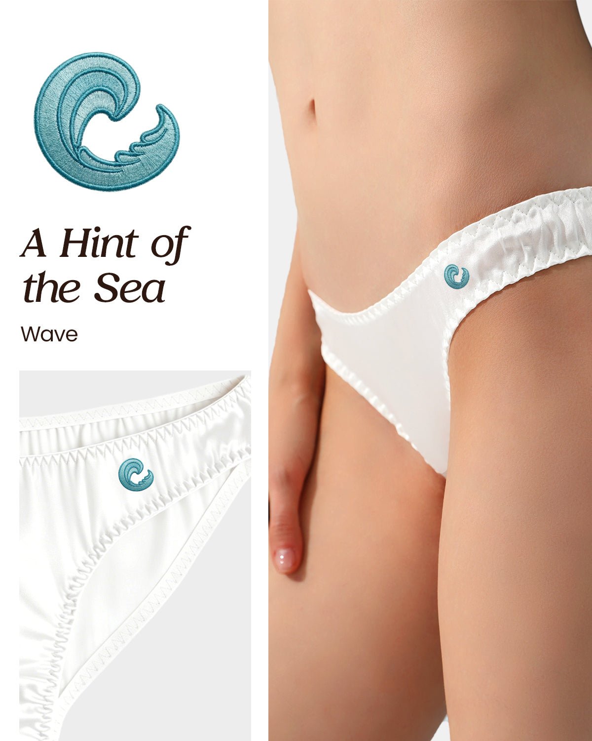 FEELITS KN12 Embroidered Silk Low - Rise Bikini Panties – 100% 6A Mulberry Silk, Ocean - Inspired Motifs - FEELITS