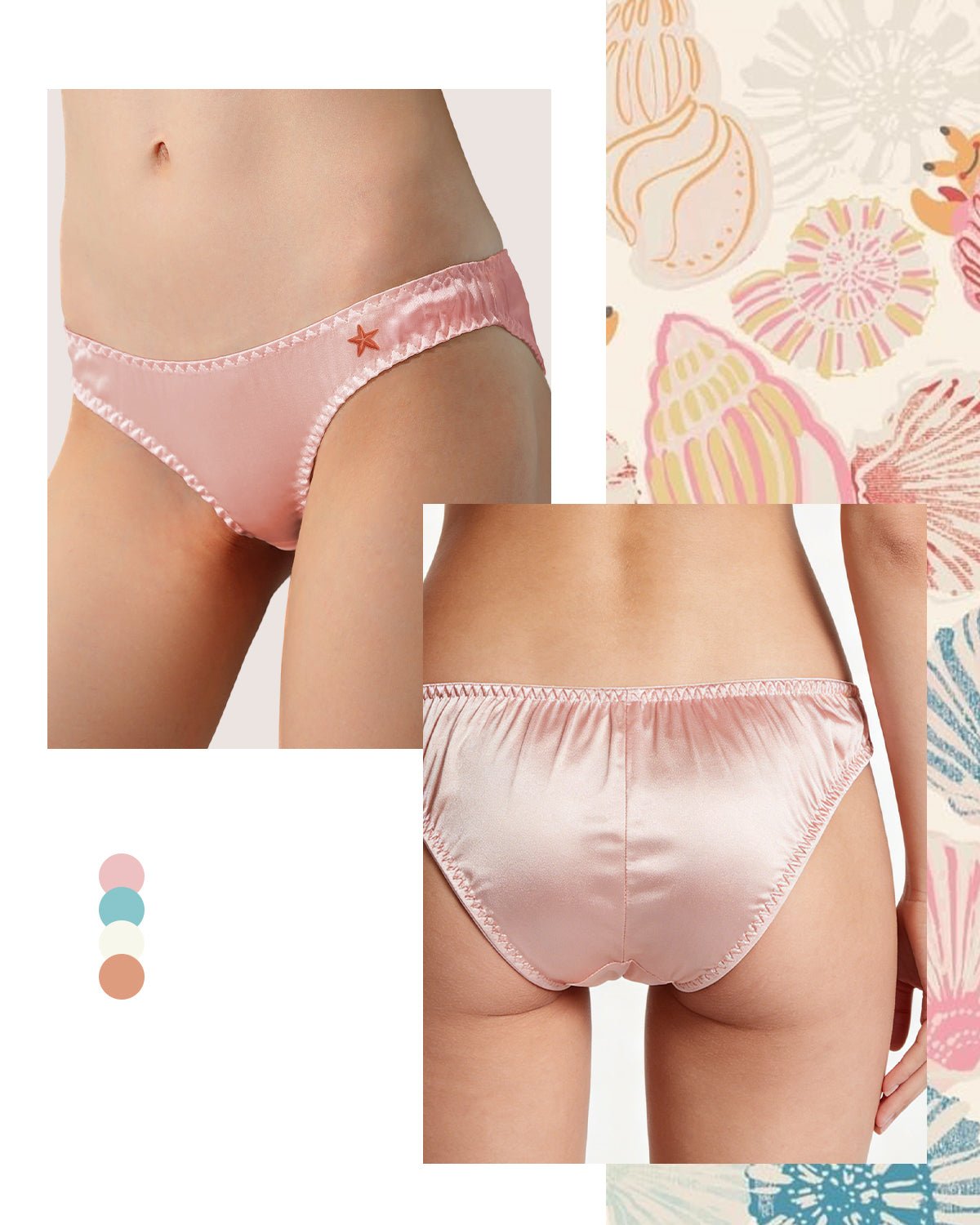 FEELITS KN12 Embroidered Silk Low - Rise Bikini Panties – 100% 6A Mulberry Silk, Ocean - Inspired Motifs - FEELITS