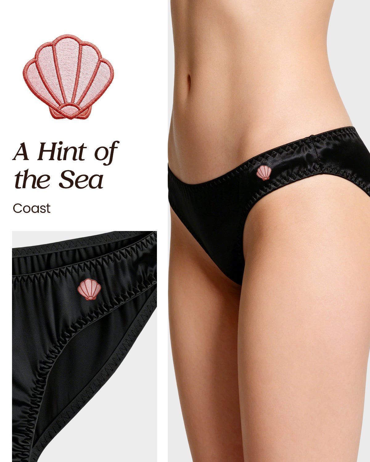 FEELITS KN12 Embroidered Silk Low - Rise Bikini Panties – 100% 6A Mulberry Silk, Ocean - Inspired Motifs - FEELITS