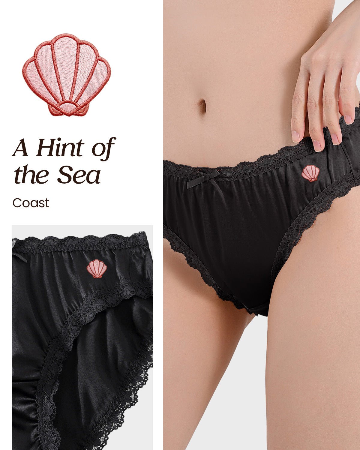 FEELITS KN18 Embroidered Mid - Rise Bikini Silk Panties – 100% 6A Mulberry Silk, Ocean - Inspired Motifs - FEELITS