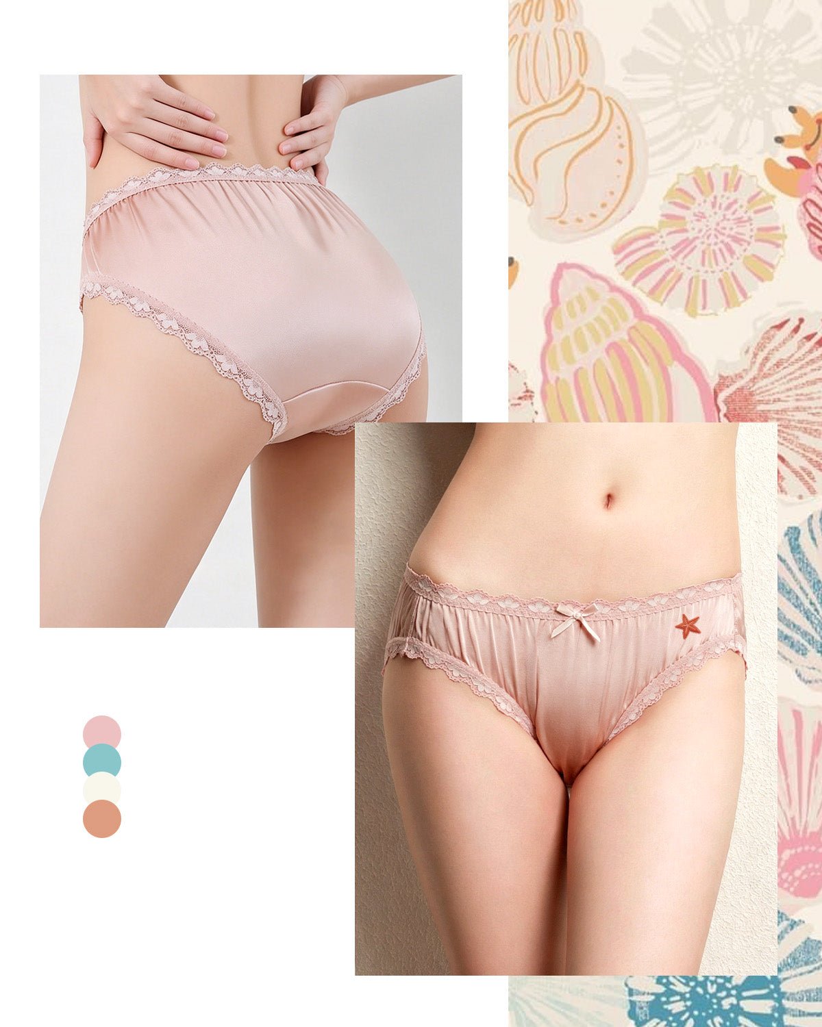 FEELITS KN18 Embroidered Mid - Rise Bikini Silk Panties – 100% 6A Mulberry Silk, Ocean - Inspired Motifs - FEELITS