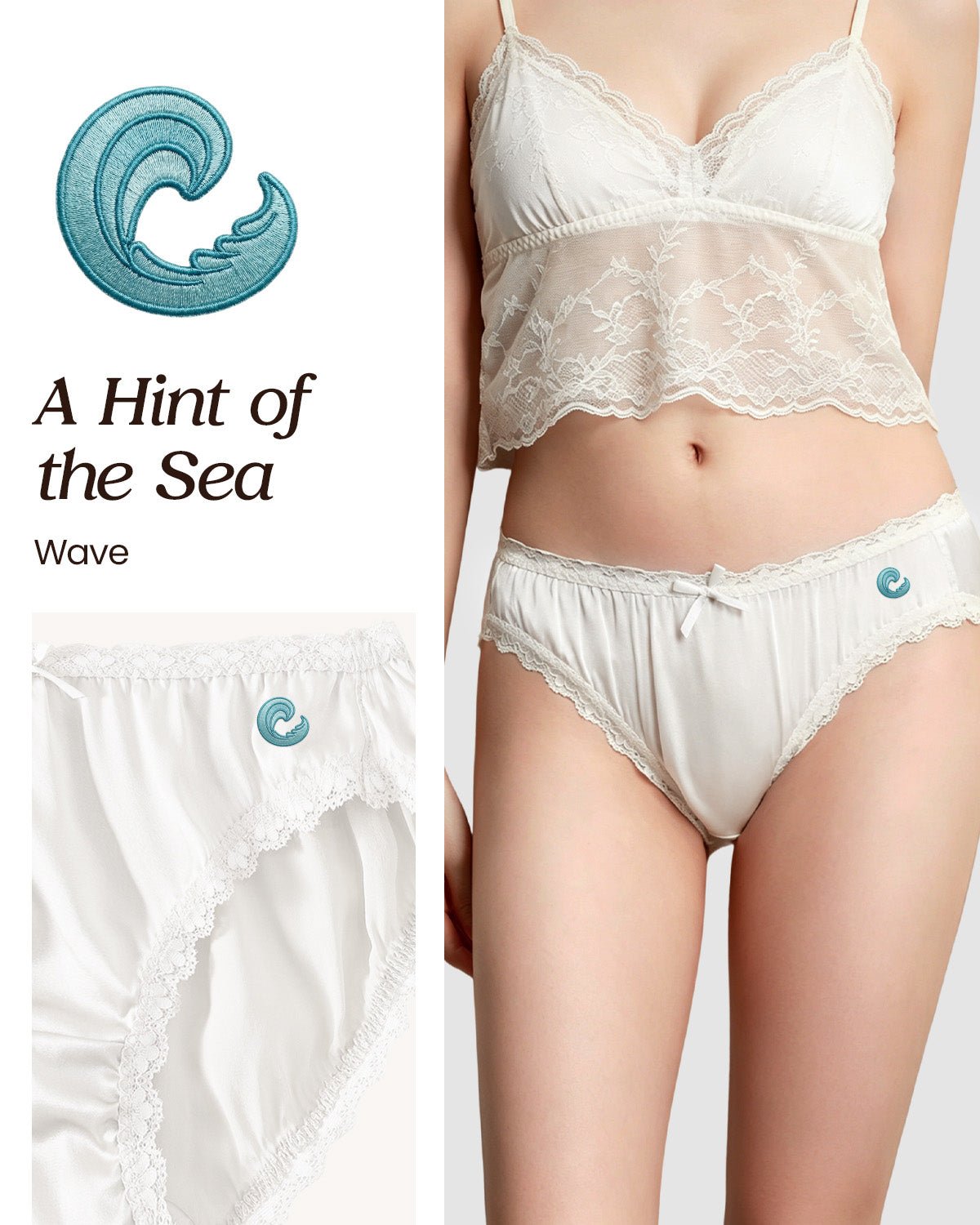FEELITS KN18 Embroidered Mid - Rise Bikini Silk Panties – 100% 6A Mulberry Silk, Ocean - Inspired Motifs - FEELITS