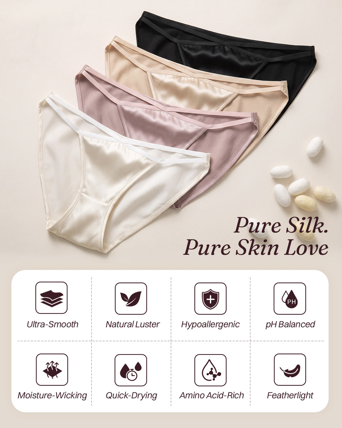 FEELITS KN32 crossover mulberry silk bikini panties - four-color product and feature illustration