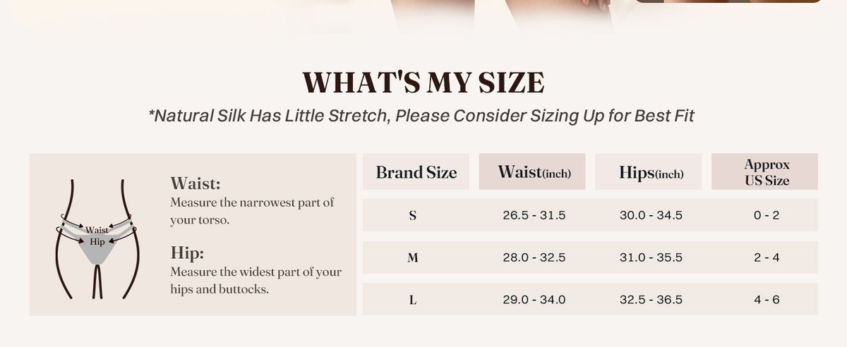 FEELITS KN32 Women’s Mulberry Silk Bikini Panties – Ultra Soft, Criss-Cross — Size chart
