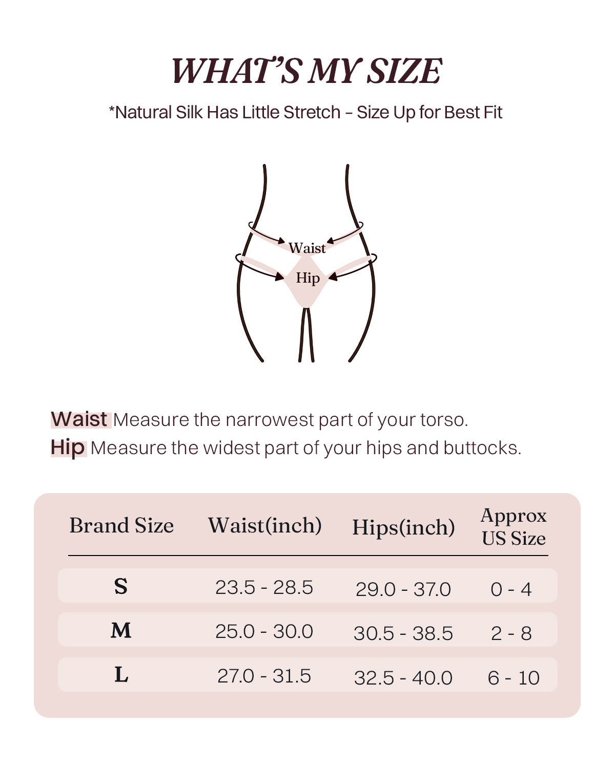 FEELITS KN33 strappy mulberry silk bikini panties - size chart with waist, hip and approximate US size measurements