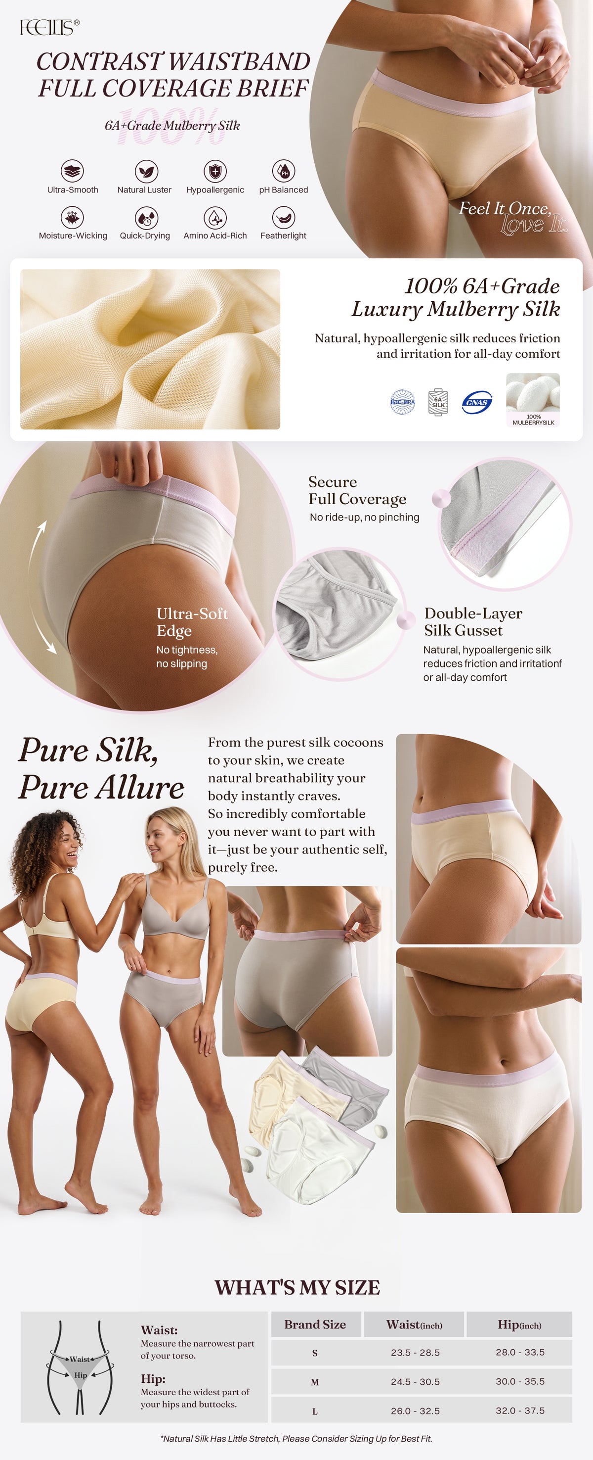 KN38 mulberry silk bikini panties, contrast waistband details and waist and hip size guide