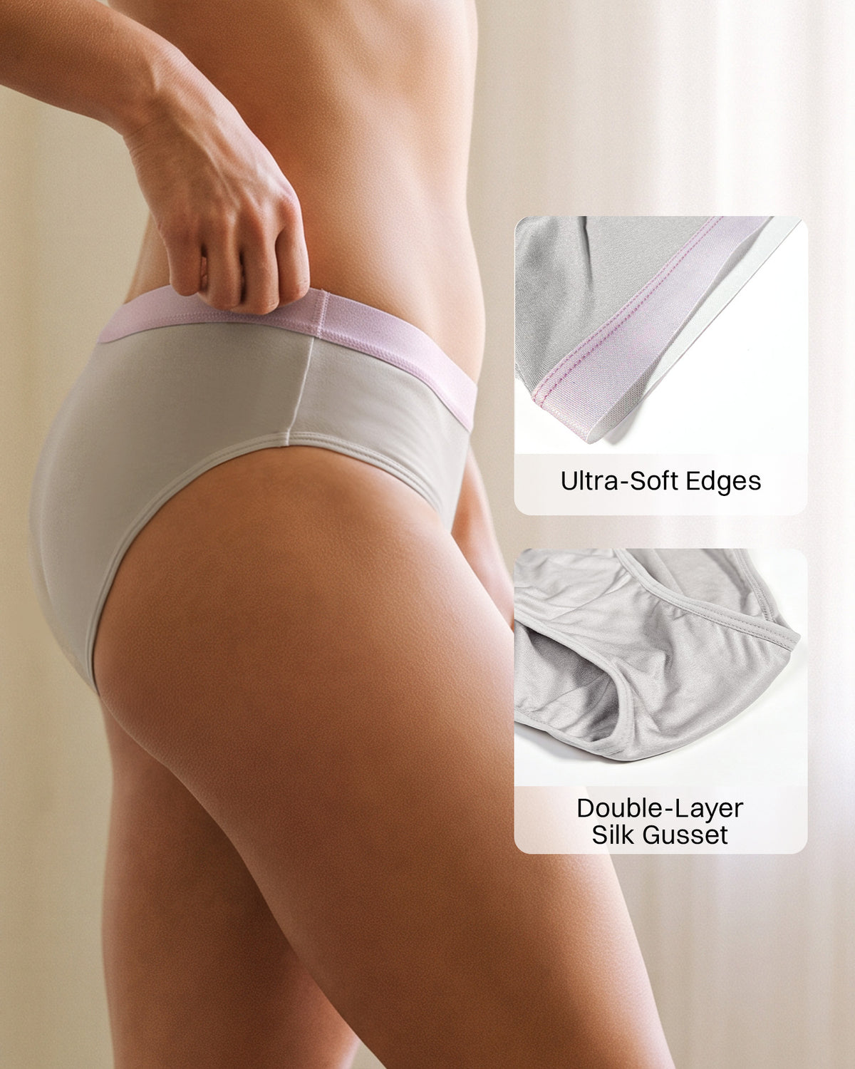 KN38 silk bikini panties, Silver Grey soft waistband and double-layer gusset | FEELITS