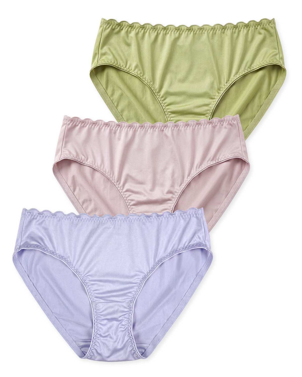 FEELITS KN39 three-pack silk briefs in Apple Green, Pink and Purple, flat lay #Color_3-Pack