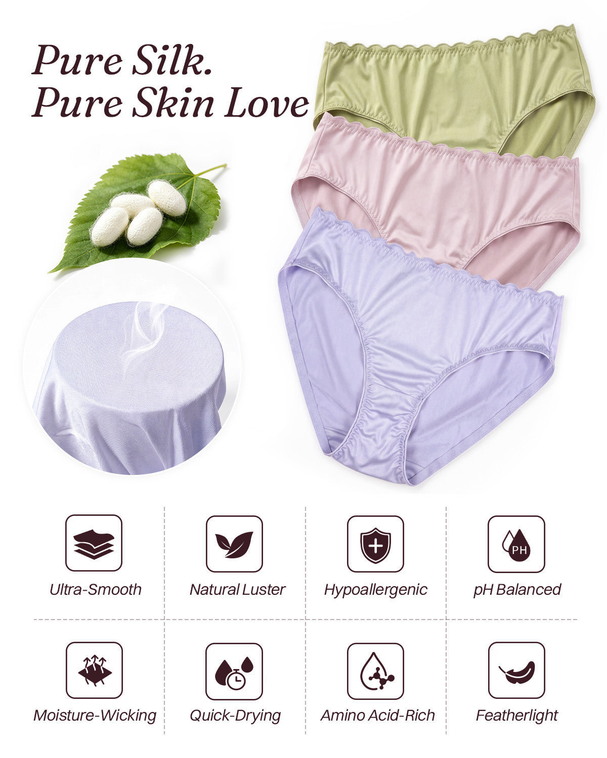 FEELITS KN39 three-pack silk briefs in Pink, Purple and Apple Green