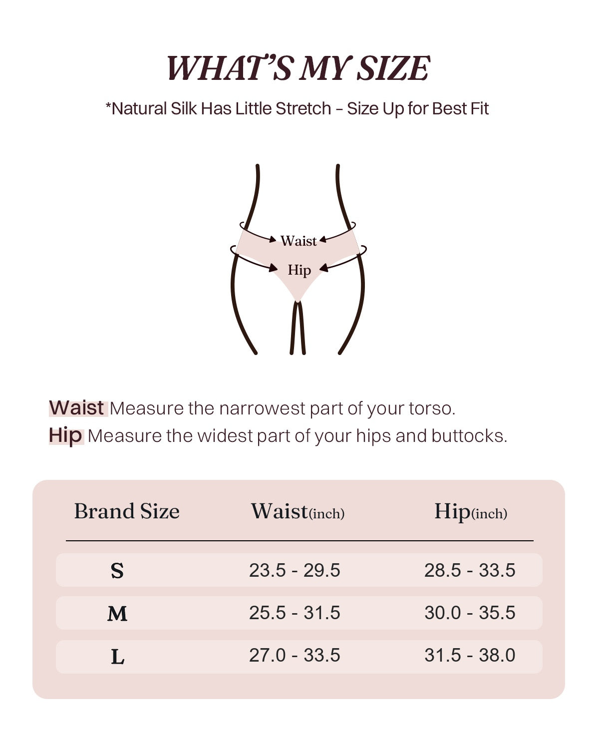 FEELITS KN39 S M L waist and hip size chart in inches