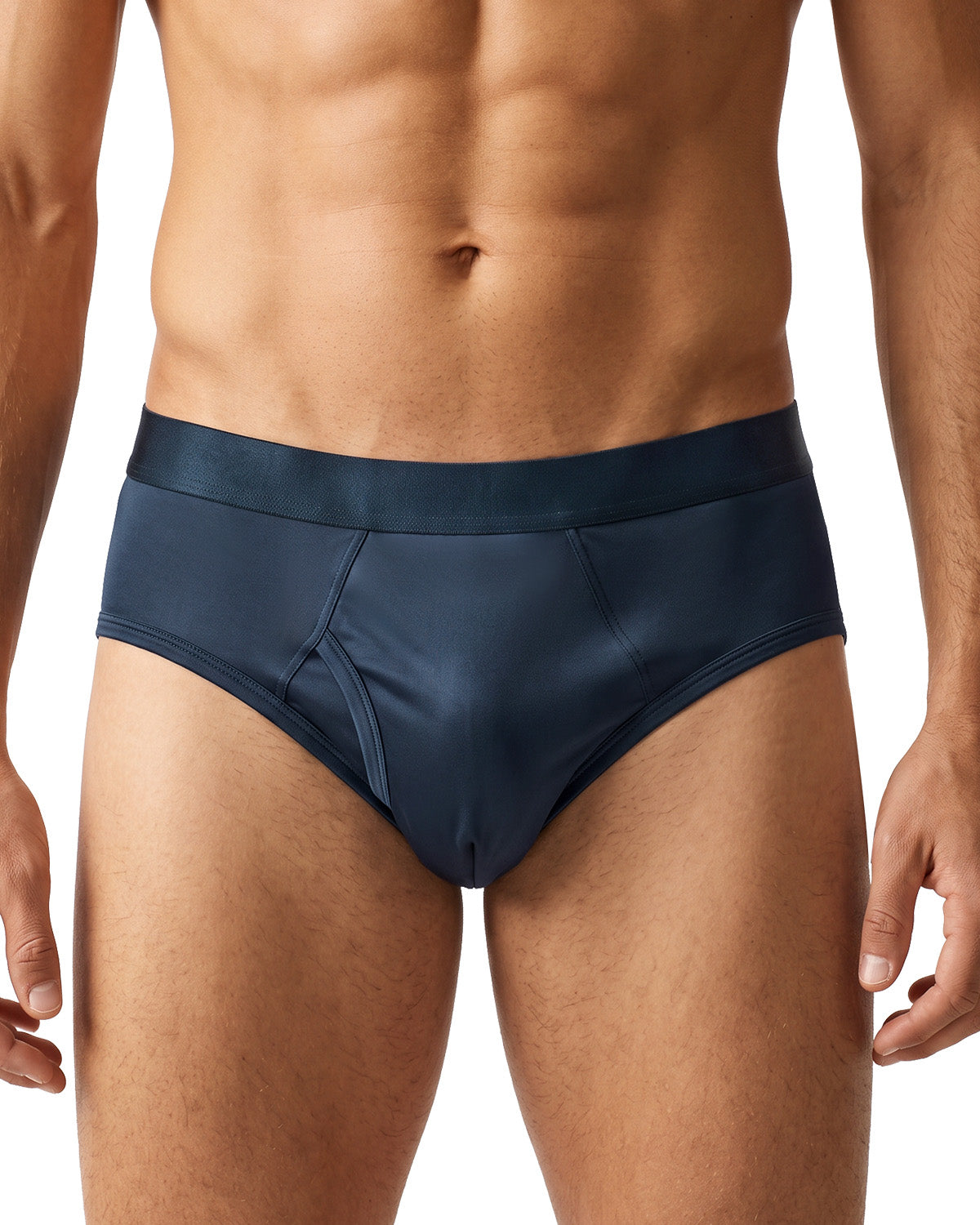FEELITS KNM08 navy blue mulberry silk briefs — front view on model #Color_Navy Blue