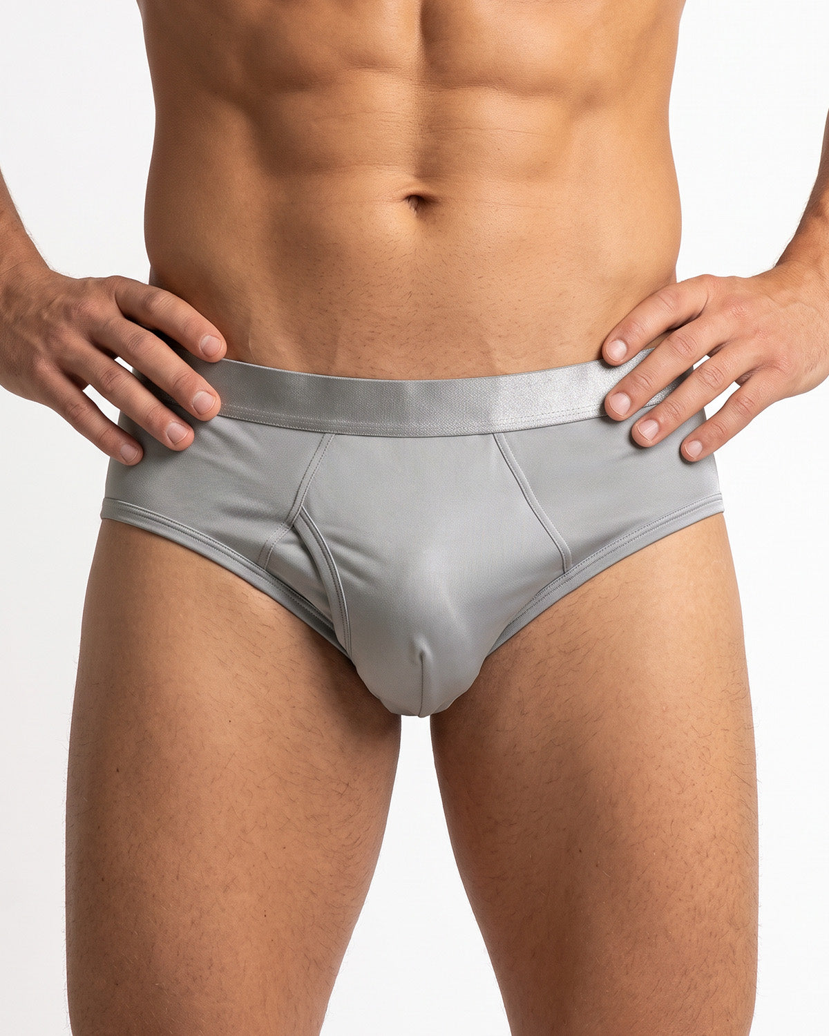 FEELITS KNM08 silver gray mulberry silk briefs — front view on model #Color_Silver Gray