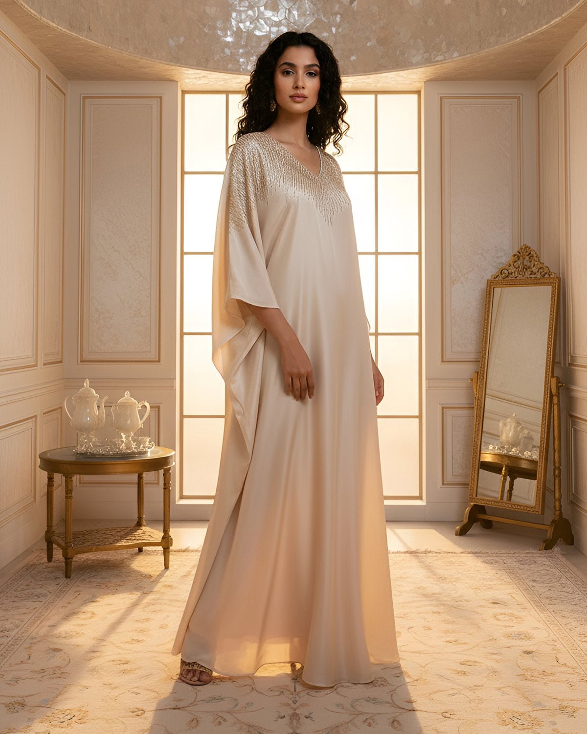 FEELITS MSL01 LumiFlow Embroidered Jalabiya – Satin Kaftan for Ramadan & Eid - FEELITS
