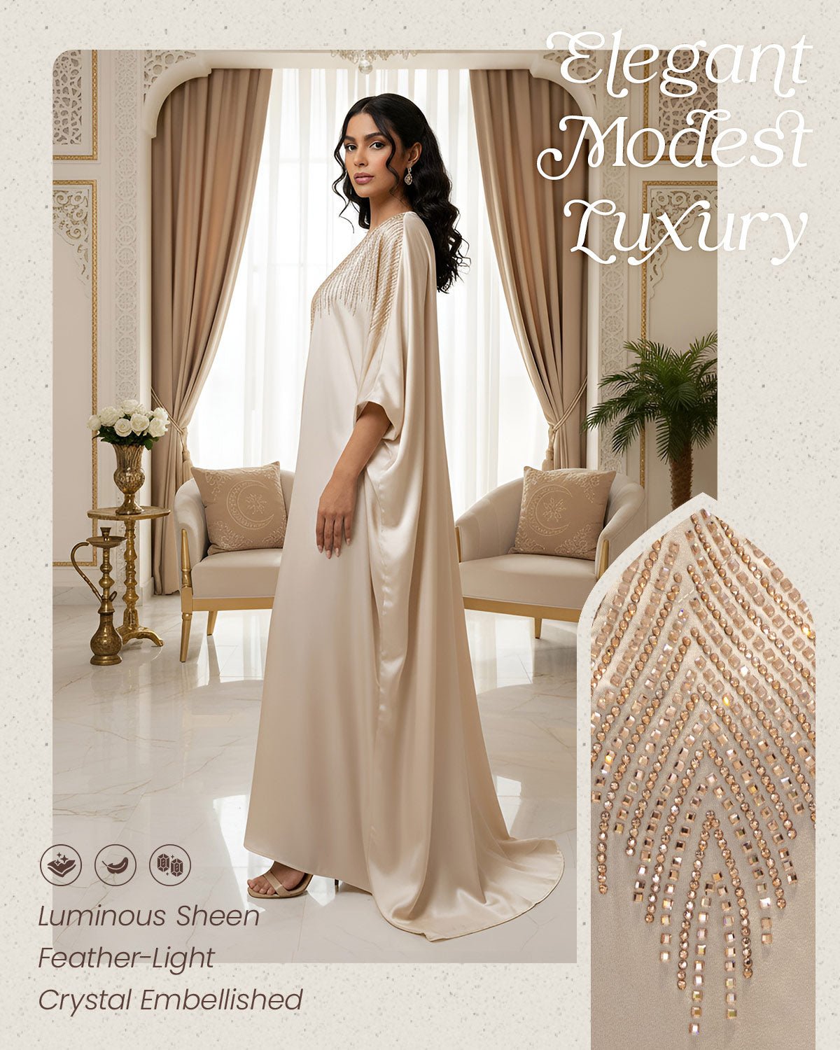 FEELITS MSL01 LumiFlow Embroidered Jalabiya – Satin Kaftan for Ramadan & Eid - FEELITS