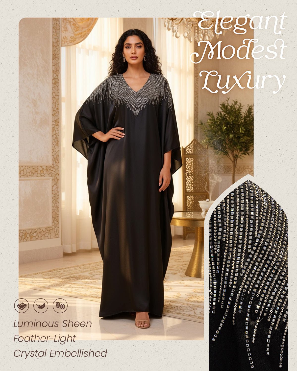 FEELITS MSL01 LumiFlow Embroidered Jalabiya – Satin Kaftan for Ramadan & Eid - FEELITS