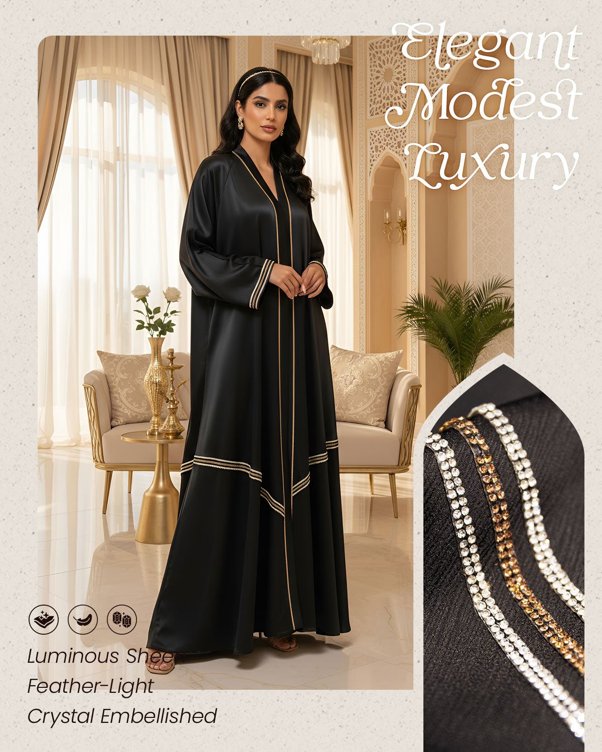 FEELITS MSL05 LumiFlow Open Front Abaya – Shimmering Satin Evening Abaya - FEELITS