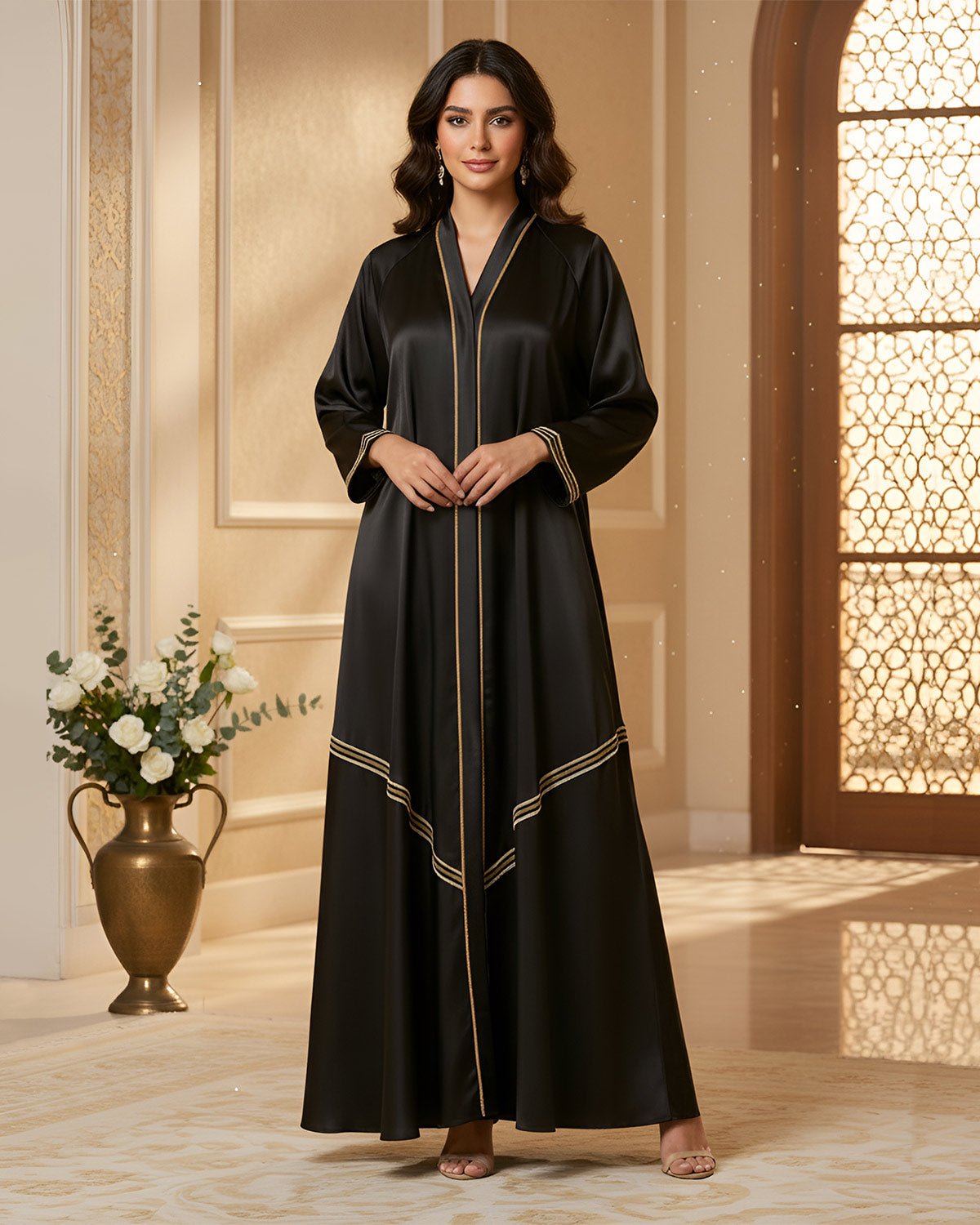 FEELITS MSL05 LumiFlow Open Front Abaya – Shimmering Satin Evening Abaya - FEELITS