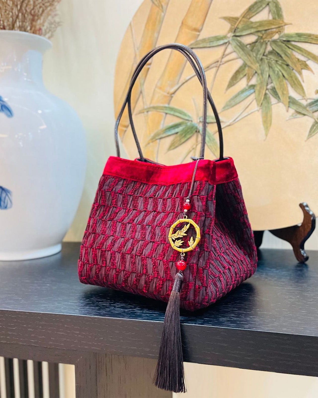 Feelits Luxury Gambiered Canton Silk (Xiangyunsha) Top - Handle Cube Bag - FEELITS