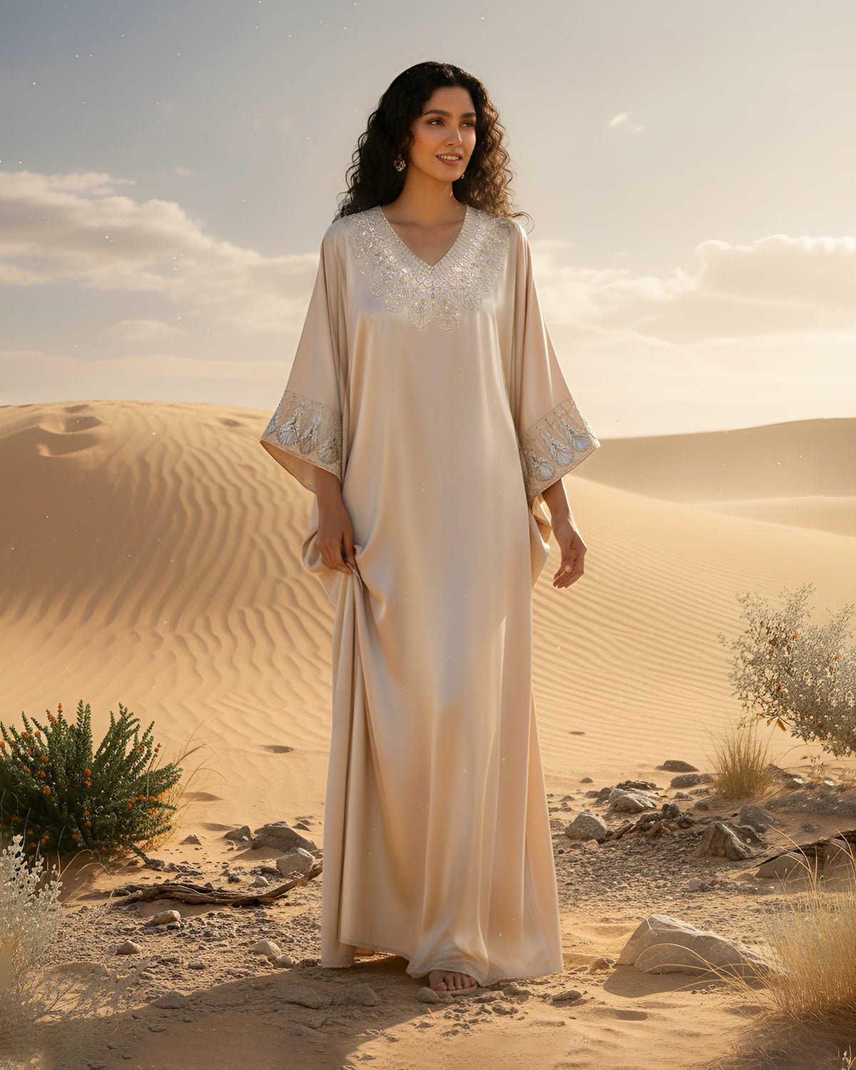FEELITS MSL03 LumiFlow Satin Jalabiya – Teardrop Sequin Kaftan - FEELITS