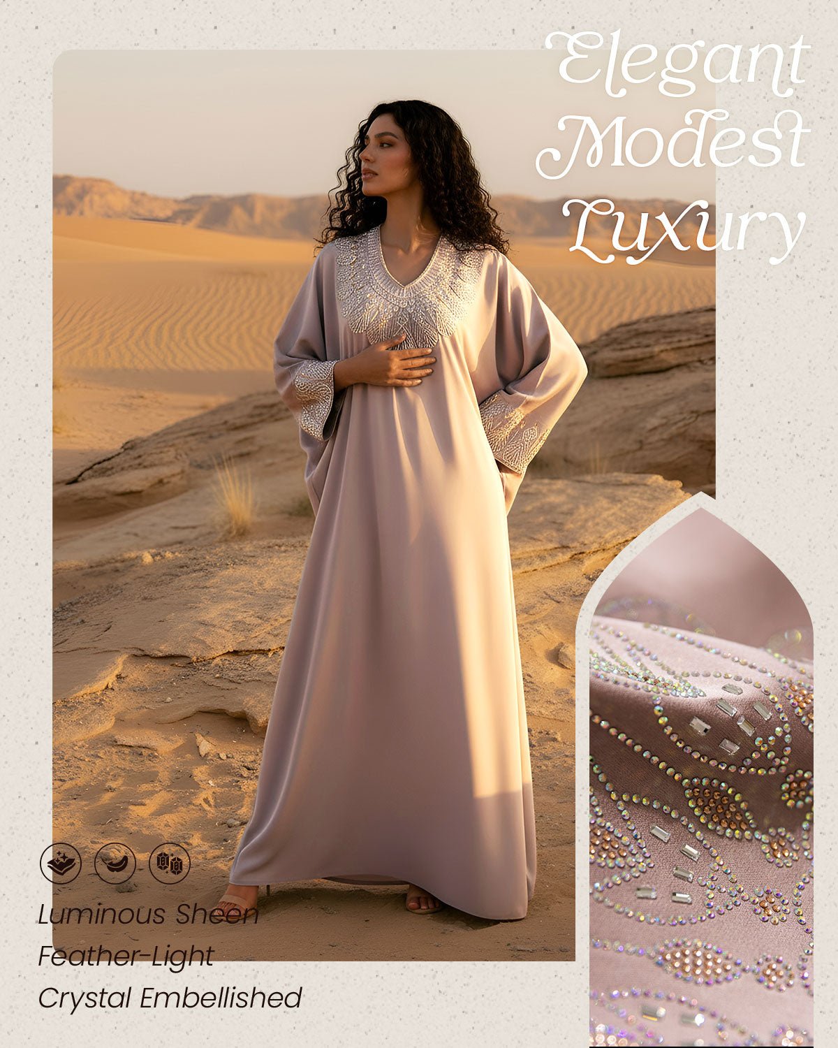 FEELITS MSL03 LumiFlow Satin Jalabiya – Teardrop Sequin Kaftan - FEELITS
