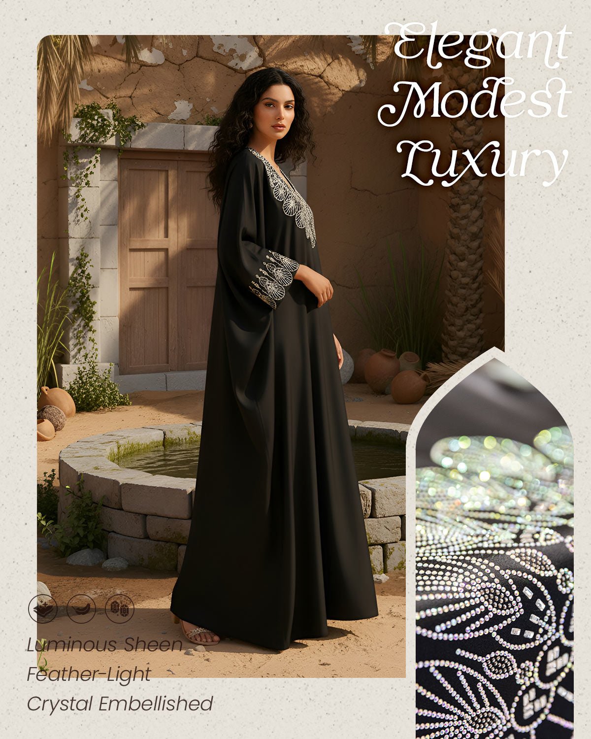 FEELITS MSL03 LumiFlow Satin Jalabiya – Teardrop Sequin Kaftan - FEELITS