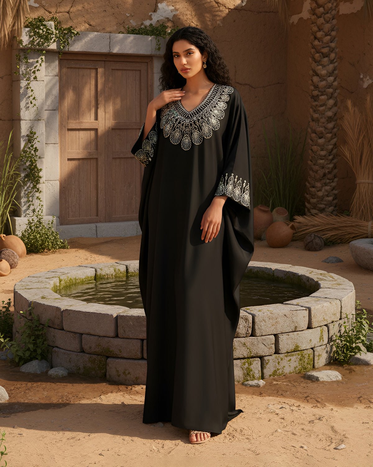 FEELITS MSL03 LumiFlow Satin Jalabiya – Teardrop Sequin Kaftan - FEELITS