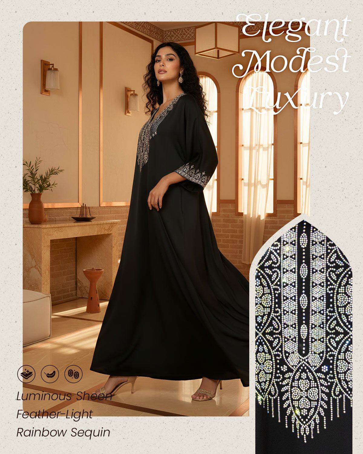FEELITS MSL04 LumiFlow Satin Jalabiya – Rainbow Sequin Kaftan - FEELITS