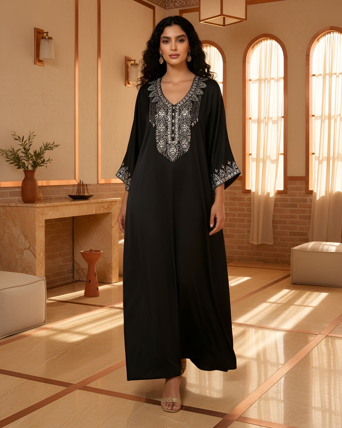 FEELITS MSL04 LumiFlow Satin Jalabiya – Rainbow Sequin Kaftan - FEELITS