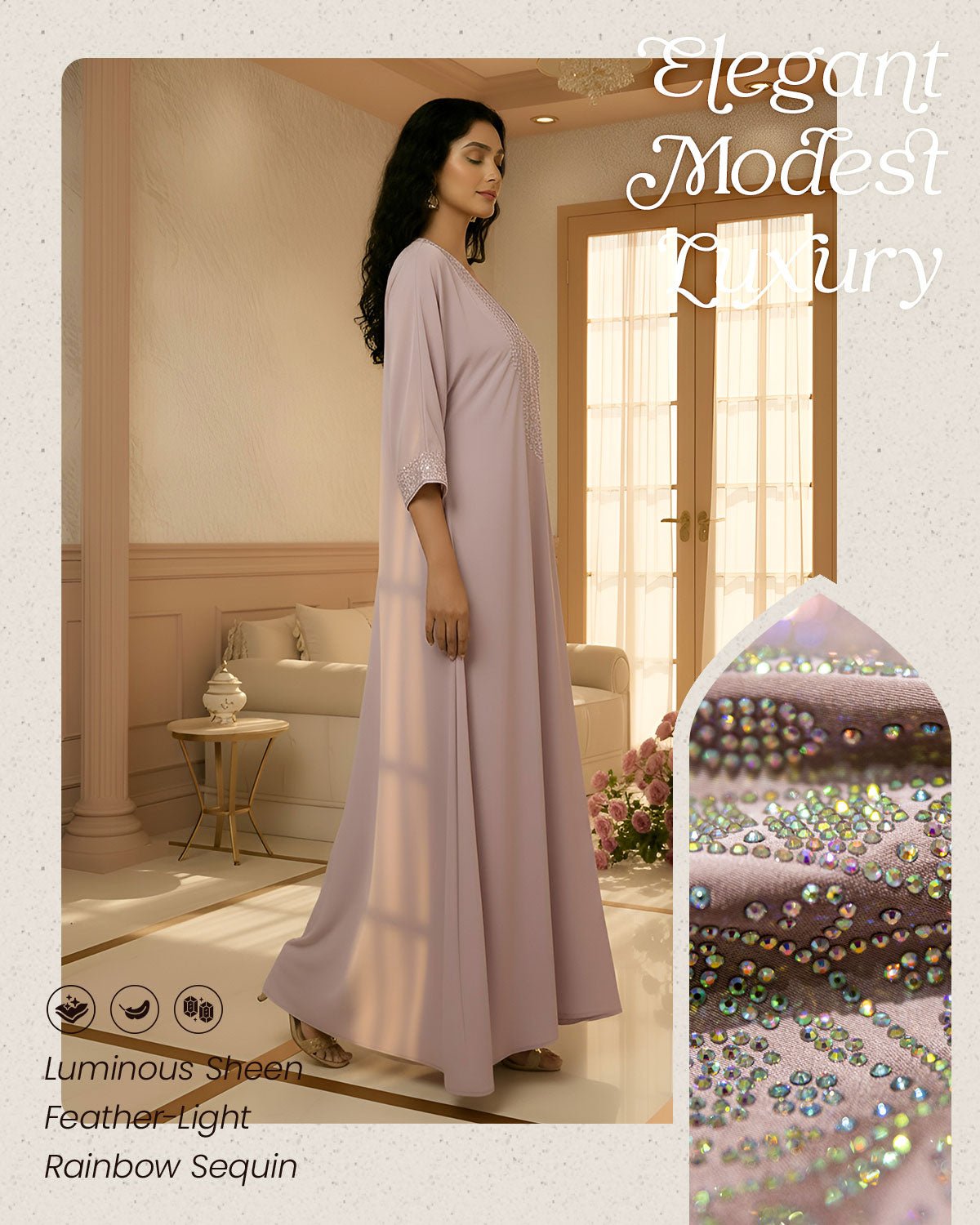 FEELITS MSL04 LumiFlow Satin Jalabiya – Rainbow Sequin Kaftan - FEELITS