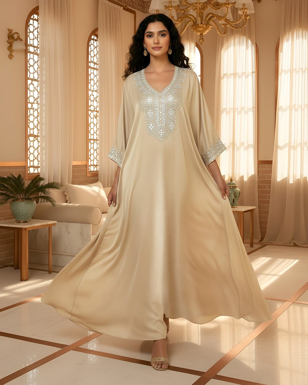 FEELITS MSL04 LumiFlow Satin Jalabiya – Rainbow Sequin Kaftan - FEELITS