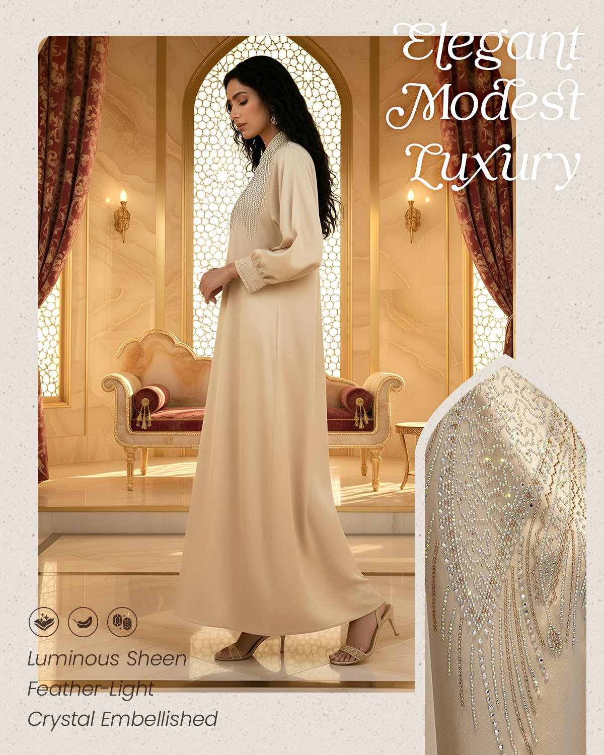FEELITS MSL02 LumiFlow Farasha Jalabiya – Sequin Trim Satin Kaftan - FEELITS