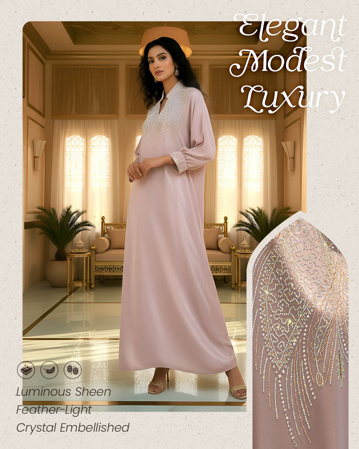 FEELITS MSL02 LumiFlow Farasha Jalabiya – Sequin Trim Satin Kaftan - FEELITS