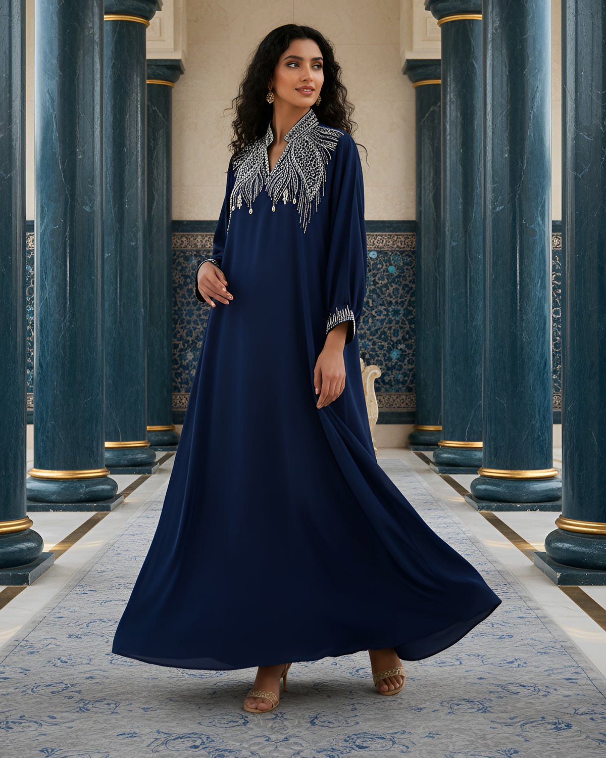 FEELITS MSL02 LumiFlow Farasha Jalabiya – Sequin Trim Satin Kaftan - FEELITS