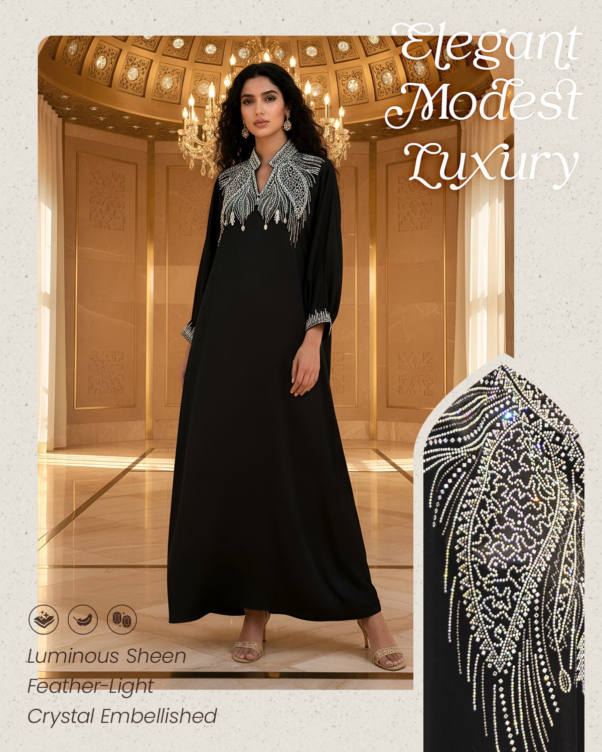 FEELITS MSL02 LumiFlow Farasha Jalabiya – Sequin Trim Satin Kaftan - FEELITS