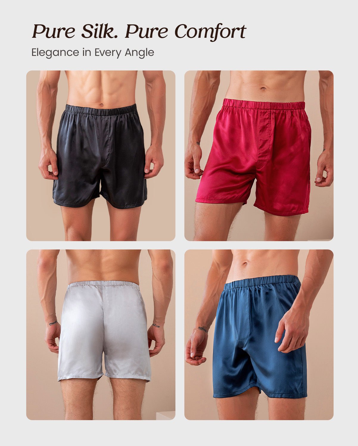 FEELITS Men's 100% Mulberry Silk Boxer Shorts - 22 Momme Silk Luxury Breathable Sleep Shorts for Nightwear, Beach, Travel - FEELITS