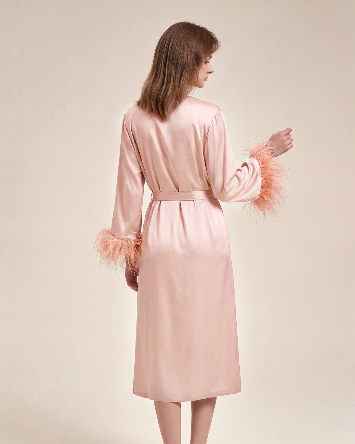 FEELITS PA15 Bridal Mulberry Silk Robe – Long Feather Trim Wedding Morning Robe - FEELITS