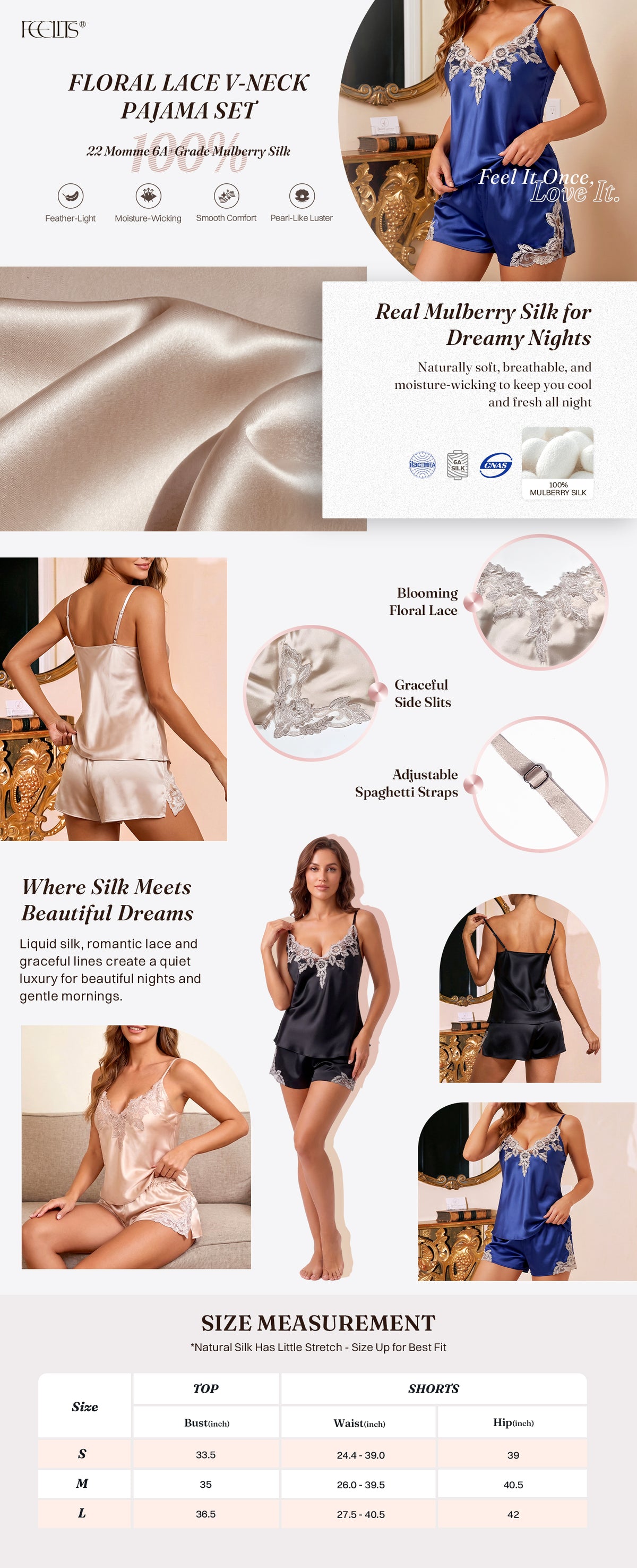 PJ04 silk fabric, construction, fit details and size guide