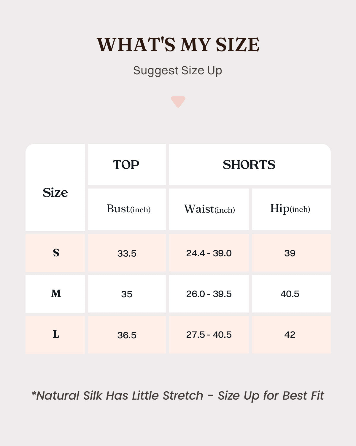 FEELITS PJ04 S M L camisole bust and shorts waist and hip measurements in inches