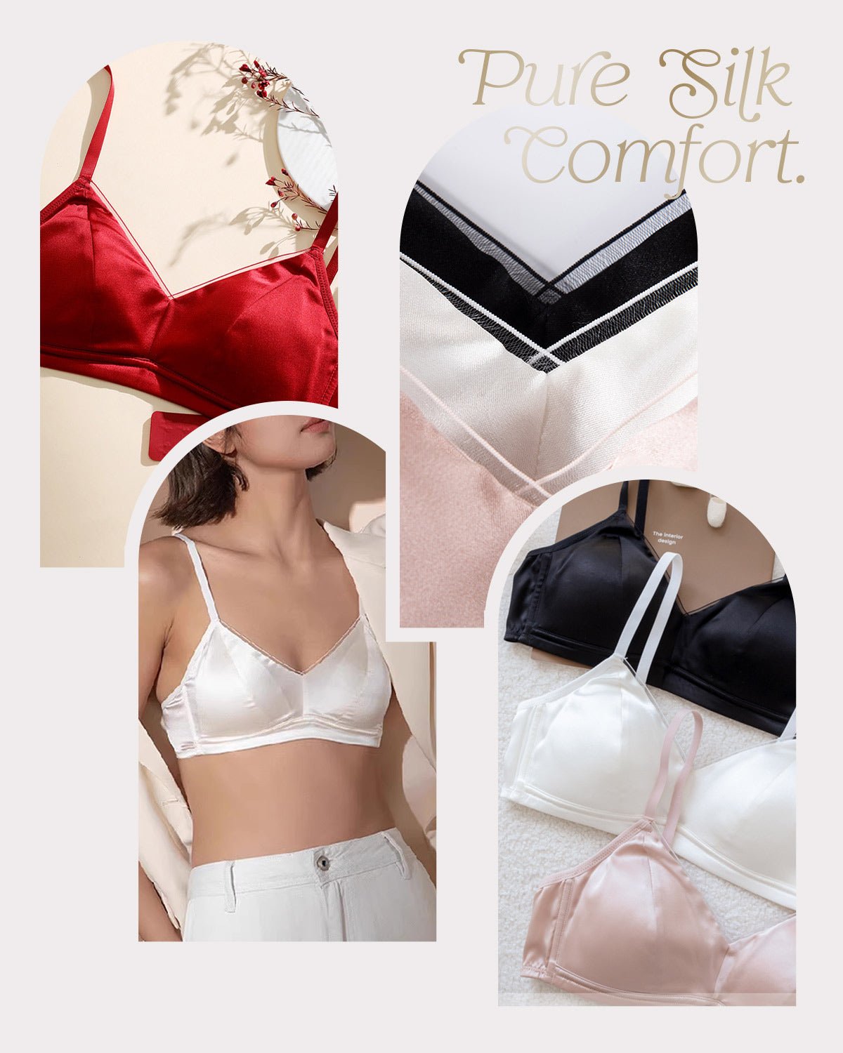 FEELITS Real Mulberry Silk Bra, Full Coverage Silk Satin Bralette, Wireless with Adjustable Straps, Breathable Soft Cup - FEELITS