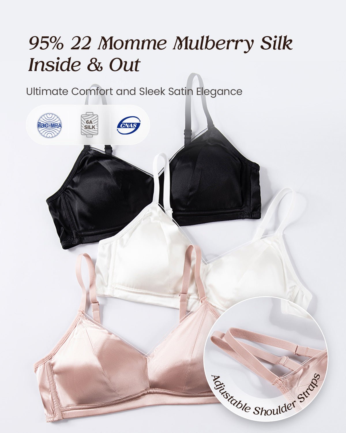 FEELITS Real Mulberry Silk Bra, Full Coverage Silk Satin Bralette, Wireless with Adjustable Straps, Breathable Soft Cup - FEELITS