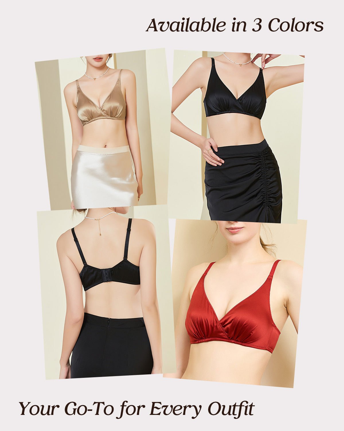 FEELITS Real Mulberry Silk Bralette, Wireless Push - Up 19 Momme Silk Satin Bra with Adjustable Straps - FEELITS