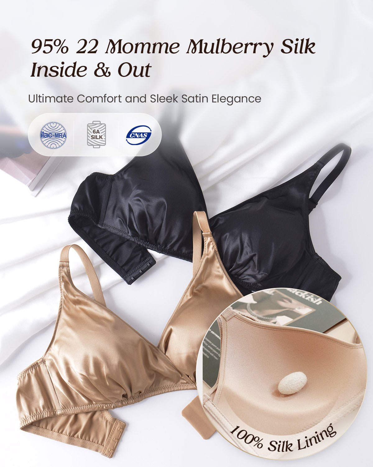 FEELITS Real Mulberry Silk Bralette, Wireless Push - Up 19 Momme Silk Satin Bra with Adjustable Straps - FEELITS