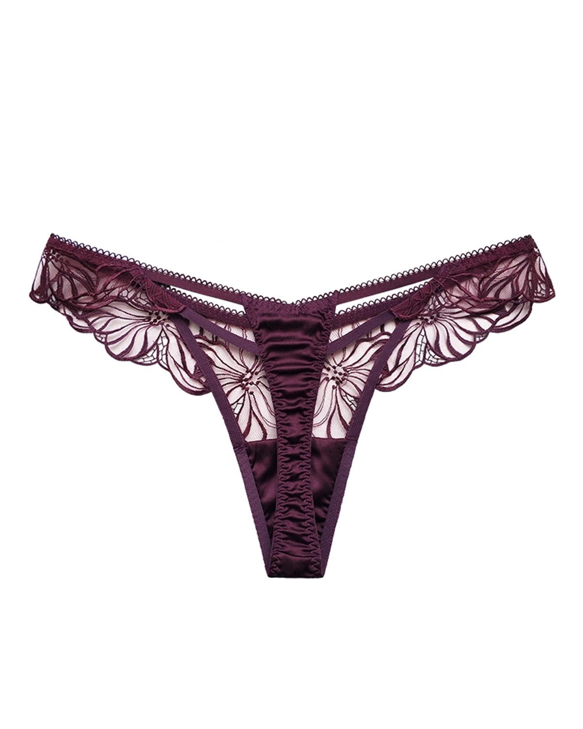 FEELITS Seduction Silk Embroidered Lace Low - Rise Sheer Thong Panties – Luxury 93% Mulberry Silk Lingerie for Women, Sensual, Honeymoon & Wedding Ready - FEELITS