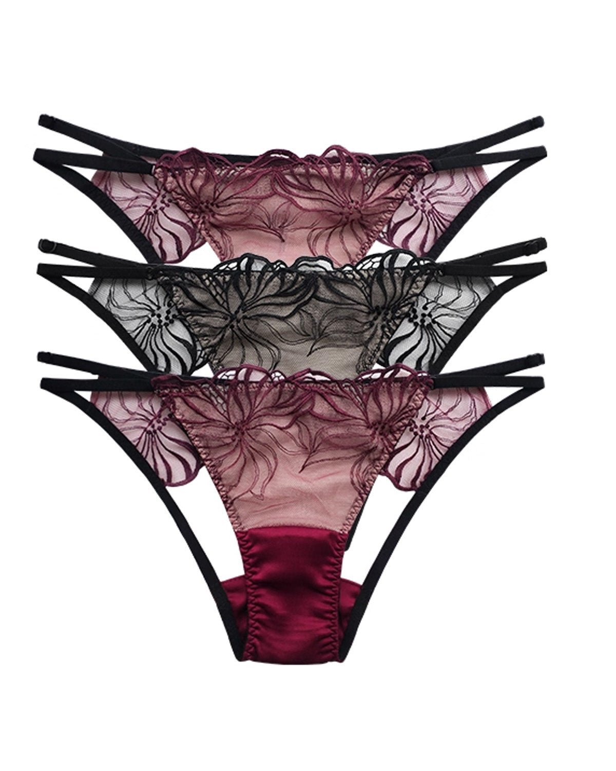 FEELITS Seduction Silk Embroidered Lace Low - Rise Thong Panties – Luxury Silk Lingerie for Women, Perfect for Honeymoon & Wedding - FEELITS