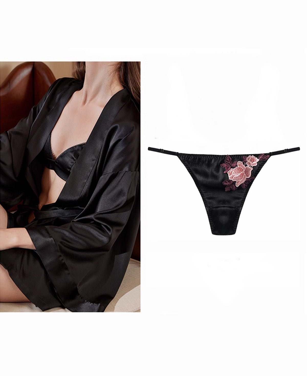 FEELITS Seduction Silk Thong – Low - Rise Embroidered Lace Silk G - String Panties for Women - FEELITS