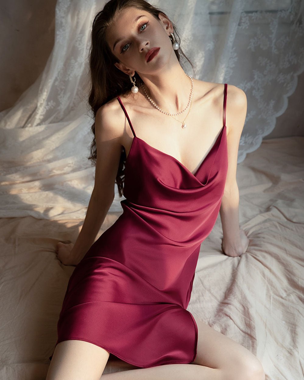 slip dress silk nightwear FEELITS PA04 Mulberry Silk Cowl Neck Slip Dress – Bridal, Honeymoon & Elegant Nightwear, Crimson Red / L