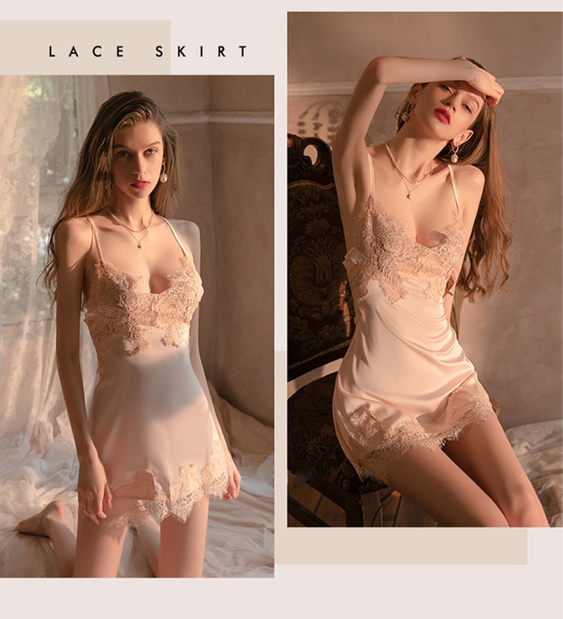 FEELITS Silk & Lace Backless Nightdress Set – Pure Mulberry Silk, Lingerie - Inspired Nightwear with Matching Panty - FEELITS