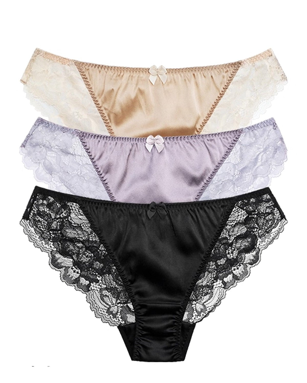 FEELITS Silk & Lace Low - Rise Bikini Panties – Mulberry Silk, Sheer Sexy Lingerie with Bow Detail - FEELITS