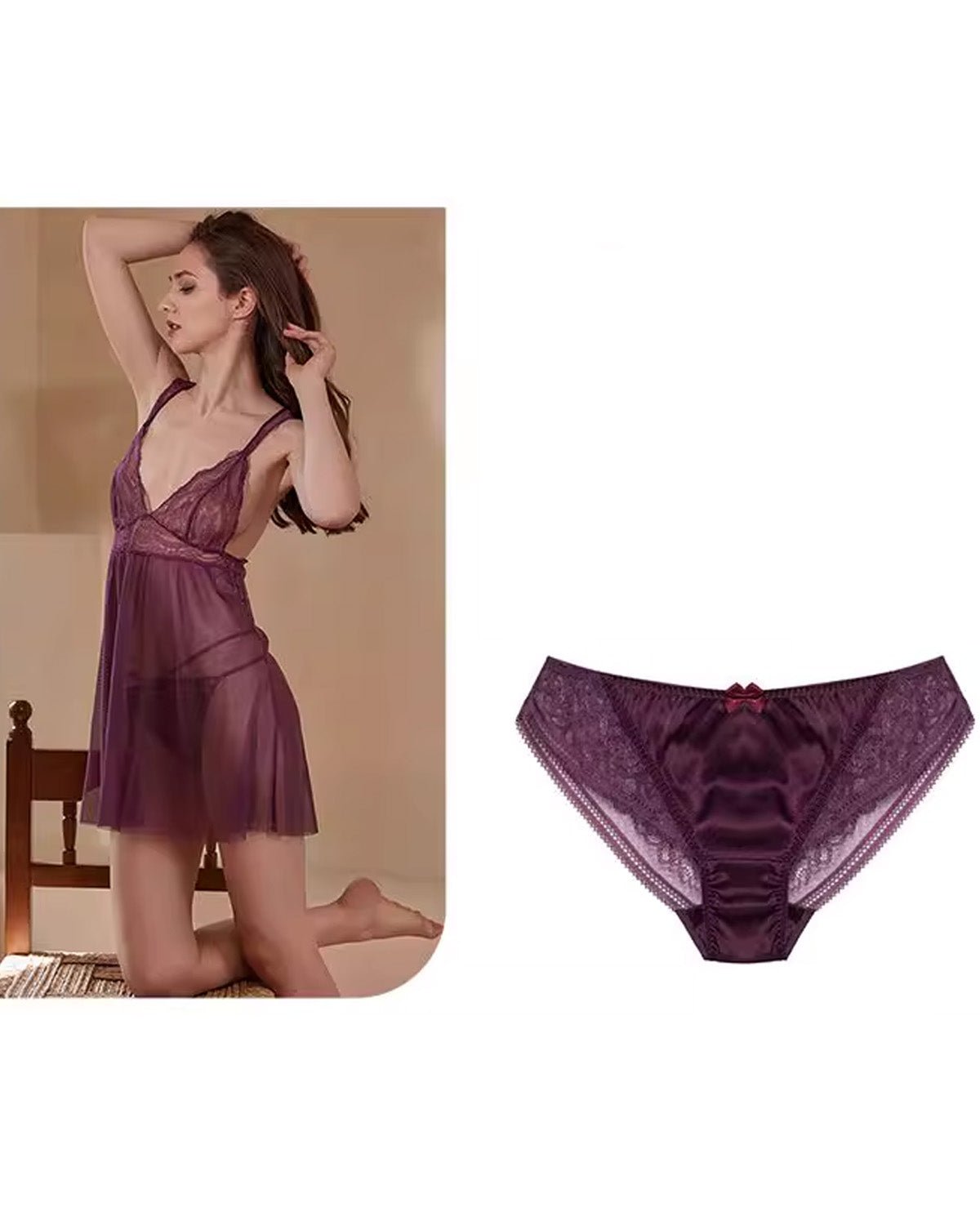 FEELITS Silk & Lace Low - Rise Bikini Panties – Mulberry Silk, Sheer Sexy Lingerie with Bow Detail, Seamless Women’s Panties - FEELITS