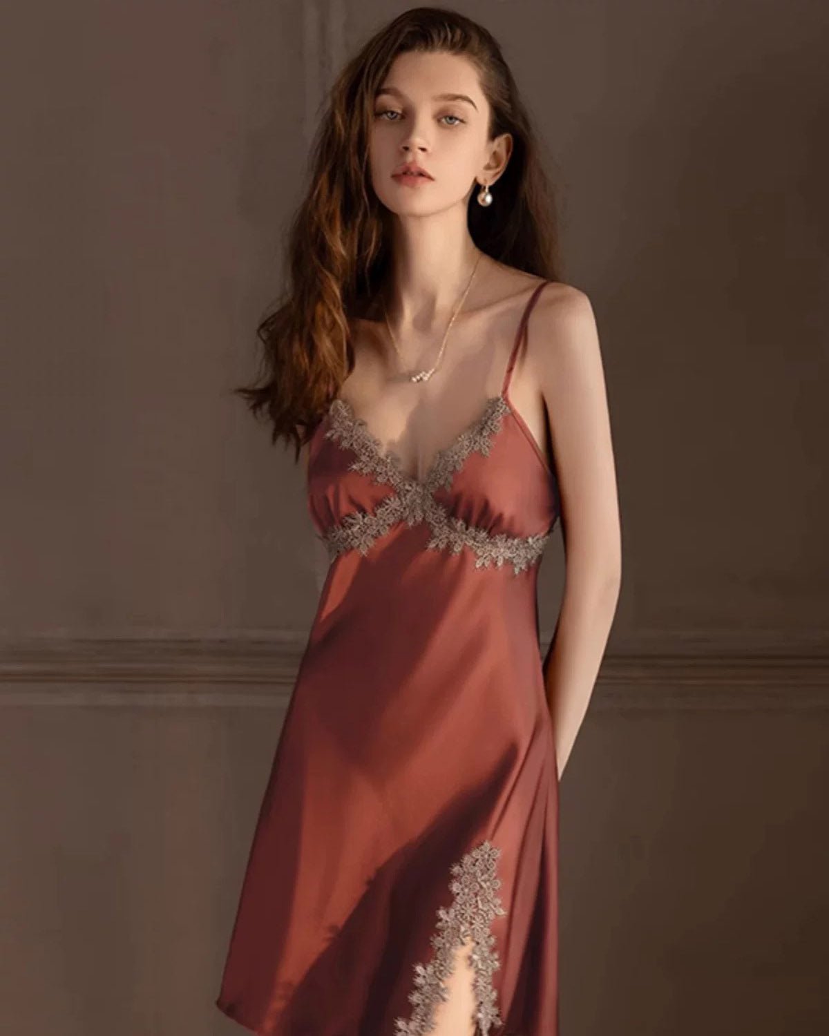 Feelits Silk & Lace Slip Dress with Removable Padding | Bridal, Honeymoon & Party Wear - FEELITS